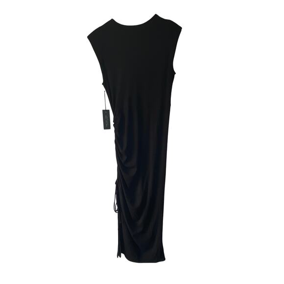 Rachel Zoe Black Midi Dress L Ribbed Knit Ruched Side Sleeveless Bodycon Stretch - Picture 7 of 8